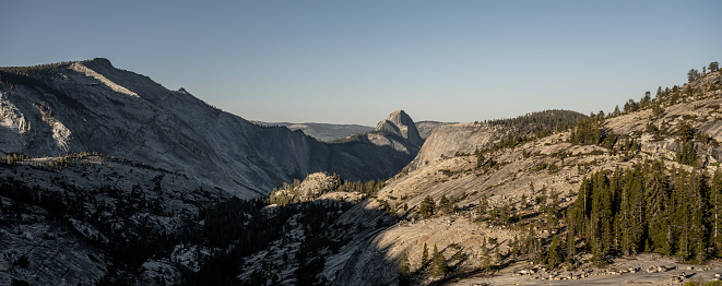 Panorama from Olmstead Point with Half Dome in the Center on Quiet Summer Morning