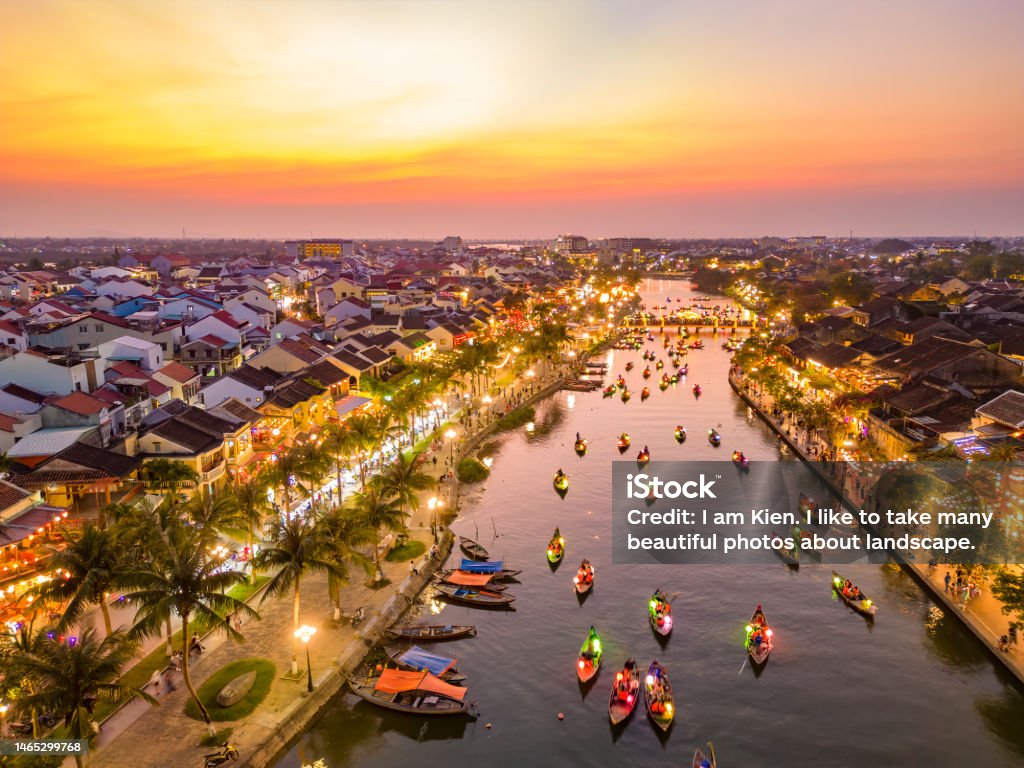 Aerial view of Hoi An ancient town at sunset. Hoi an is a very famous destination. Hoi An Stock Photo