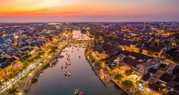 aerial view of hoi an ancient town at sunset. - marble imagens e fotografias de stock