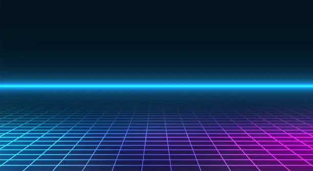 Vector illustration of Retro cyberpunk style background. Sci-Fi background. Neon light grid landscapes. 80s, 90s