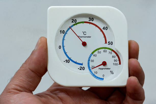 Fahrenheit and celsius scale white round thermometer for measuring weather temperature.  Thermometer isolated on white background. Ambient temperature plus 30 degrees fahrenheit