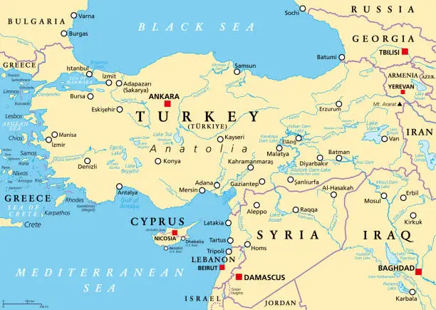 Vector illustration of Turkey and Syria region, geographic area of Anatolia, political map