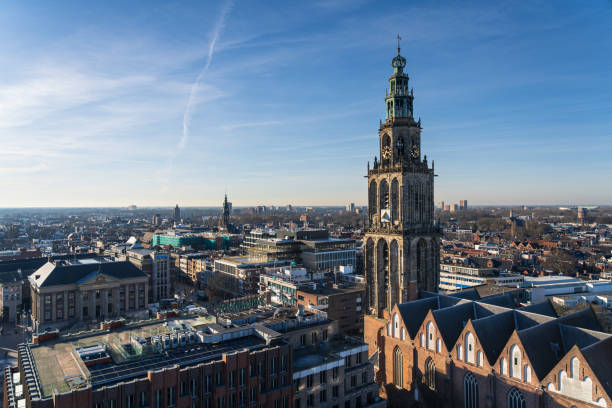 Groningen, The Netherlands - February 8, 2023: The view over the city of Groningen with the famous Martinitower from the Forum building.