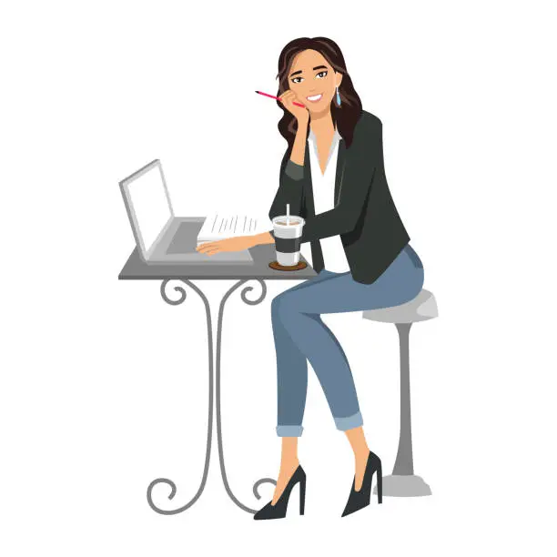 Vector illustration of Smile happy office woman behind a Desk with a laptopFlat vector illustration isolated on white background