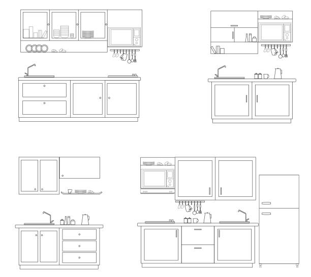 ilustraciones, imágenes clip art, dibujos animados e iconos de stock de juegos de cocina, tamaños pequeños y medianos, línea vectorial sobre fondo blanco - cabinet