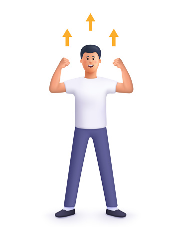 Happy and powerful man standing with raised hands up and rising up arrow. Business growth, leadership, success and achievement concept. 3d vector people character illustration. Cartoon minimal style.