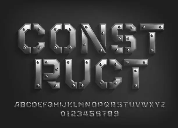 Vector illustration of Construct alphabet font. Metal letters and numbers with screws.