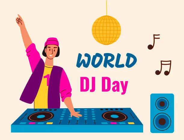 Vector illustration of DJ Consept for music, radio, and live concert. Disc jockey play records on audio mixers. World dj day.