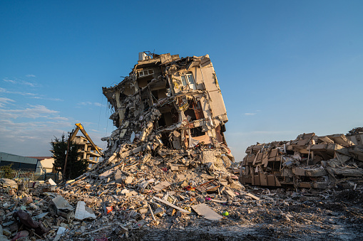 The wreckage of a collapsed building after the earthquake