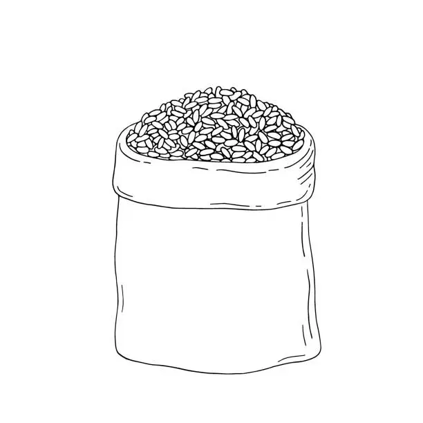 Vector illustration of Rice cereal grain in sack. Hand drawn vector sketch illustration.