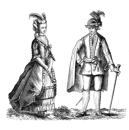 Vintage illustration, Sweden  man and woman national traditional costumes in 1778
