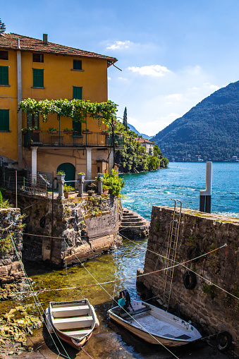 Aerial view of Nesso, a picturesque village sitting on the banks of Lake Como, Italy