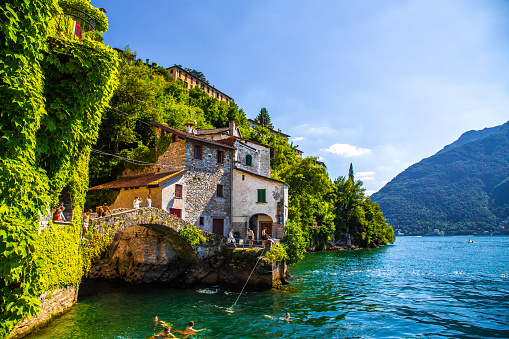 Aerial view of Nesso, a picturesque village sitting on the banks of Lake Como, Italy