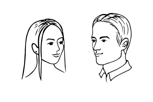 Vector illustration of Man and woman portraits in three quarters - vector hand-drawn illustration. A beautiful woman with long flowing hair smiles and looks at a handsome man with short styled hair. Spousal portrait