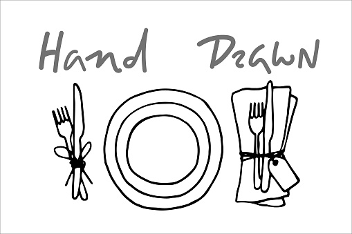 plates with two sets of cutlery - on a napkin and without - vector drawing. traced sketch top view - table setting for one person. choice of serving cutlery.