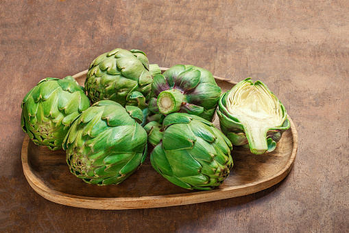 Fresh artichokes  in baskets,harvest products