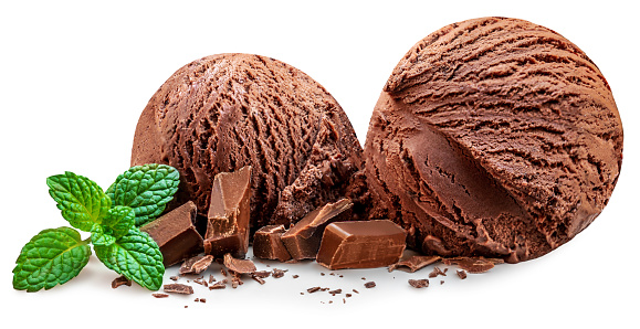 Chocolate Ice Cream Scoops isolated on white background. Chocolate ice-cream with mint leaf close up. Collection