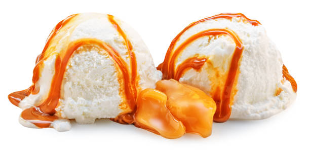 istock Vanilla ice cream with Melting caramel pieces isolated on white background, closeup 1465315983