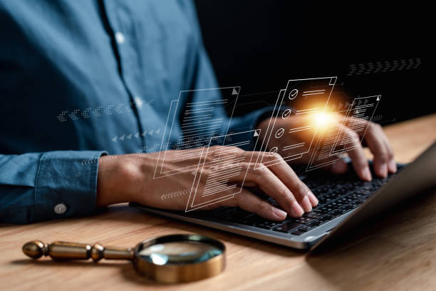 istock Businessman Inspecting Paperwork Document of Business Data Analysis working Management report with KPI and metrics connected to database. Corporate strategy for finance, operations, sales, marketing. 1465316263