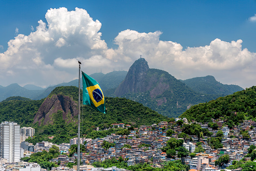 High angle view looking over sea and city skyline. Brazil.