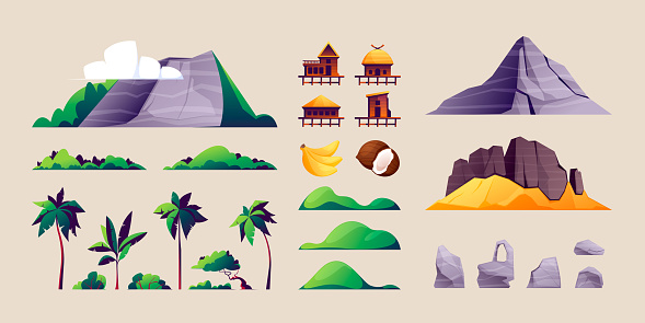 Tropical island constructor. Cartoon landscape with mountain hills palm trees clouds green foliage samples, summer coast elements flat style. Vector set. Summer paradise, wooden huts