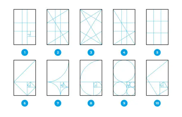 Vector illustration of Composition rules. Geometric formula math science diagrams, golden ratio and rule of thirds, fibonacci sequence 1. 618 proportions, fractal geometry. Vector set