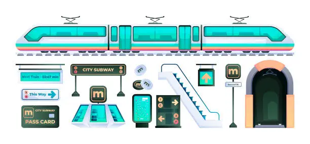 Vector illustration of City metro element. Subway railway transport infrastructure, urban underground transportation system, wagon platform escalator turnstile. Vector set