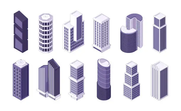 Vector illustration of Isometric skyscrapers. Modern city buildings in isometry, residential apartment business office towers flat style cityscape concept. Vector set