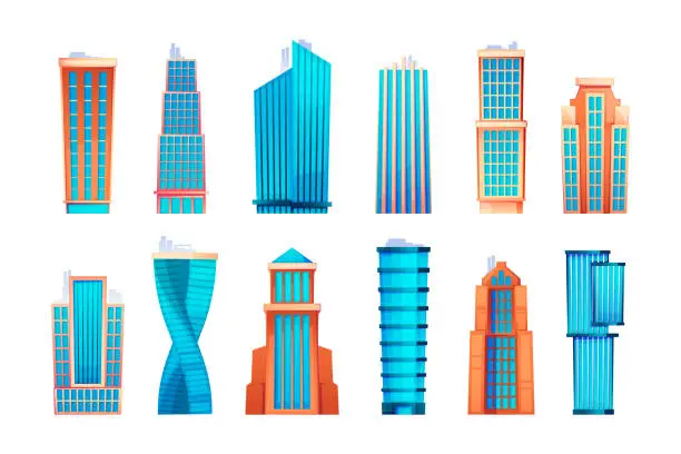 Vector illustration of Skyscraper buildings. Cartoon residential block with architecture construction facades, flat city multistorey houses business estate. Vector set