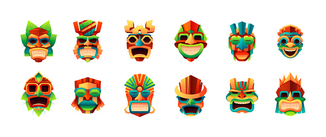 Tiki masks. Traditional maya aztec aboriginal ritual tribal totems, zulu polynesian mexican indian ceremonial idols, cartoon ethnic face masking. Vector flat set. Painted faces with different grimaces