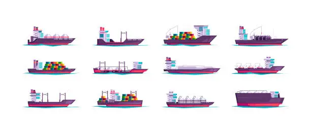 Vector illustration of Freight ships collection. Cartoon cargo vessels, flat nautical shipping freighter boats carrying containers, commercial sea ocean transport. Vector isolated set