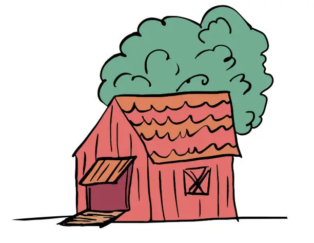 Vector illustration of Cute Sketch Style Barn with Tree