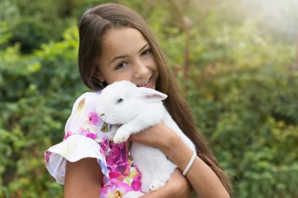 istock Little girl is holding a white rabbit in her arms . 1465320459