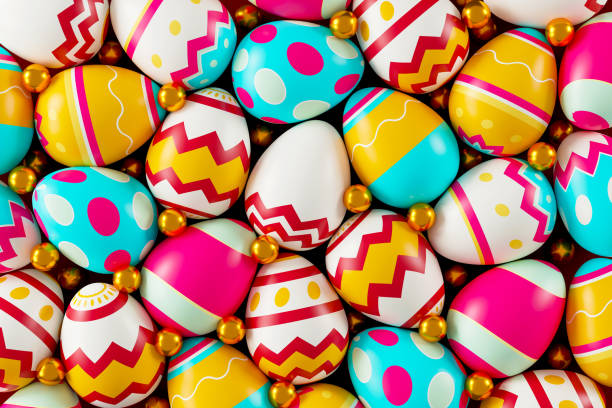 istock A colorful Easter eggs on red background. Happy Easter day concept. top view. 3D illustration 1465320554