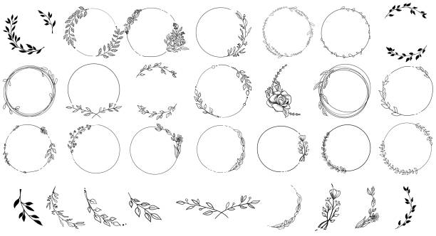 Set of black laurels frames branches. Vintage laurel wreaths collection. Hand drawn vector laurel leaves decorative elements. Leaves, swirls, ornate, award, icon. Vector illustration.