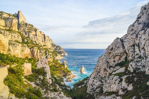 Rock formations, sea and coast view in Calanques National Park next to Marseille, South of France