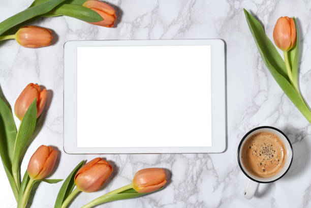 istock Template with tablet, tulips and cup of coffee 1465323706