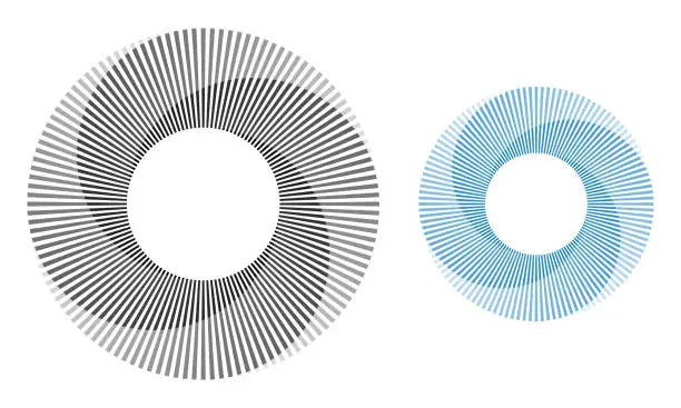 Vector illustration of Set of circles with lines. Lines in one color with different opacity. Black and blue spirals on white background. Dynamic design element with 4 parts.
