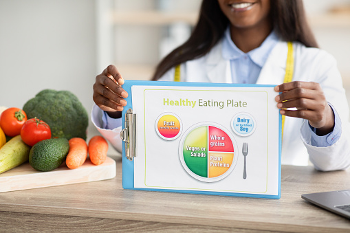 Young african american female nutritionist showing schematic healthy eating plate for diet, sitting at workplace in clinic. Weight loss and right nutrition concept