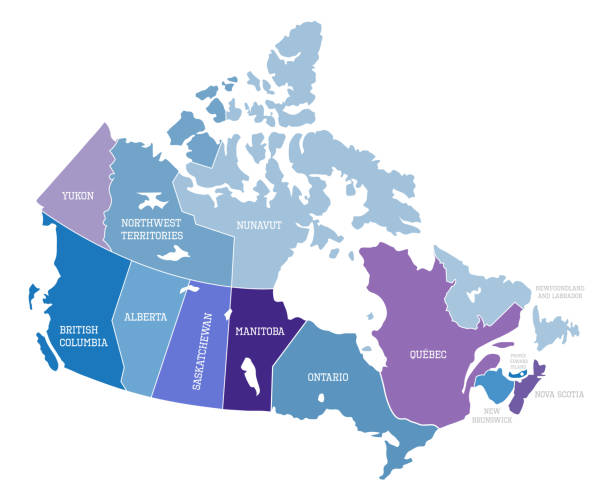 ilustraciones, imágenes clip art, dibujos animados e iconos de stock de ilustración del mapa del país de canadá con el nombre de la provincia - map of canada