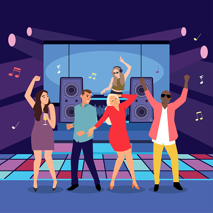 Disco party people. Men and women have fun on dance floor. Musical night club. Cartoon guys or girls dancing at discotheque. DJ at remote control playing music