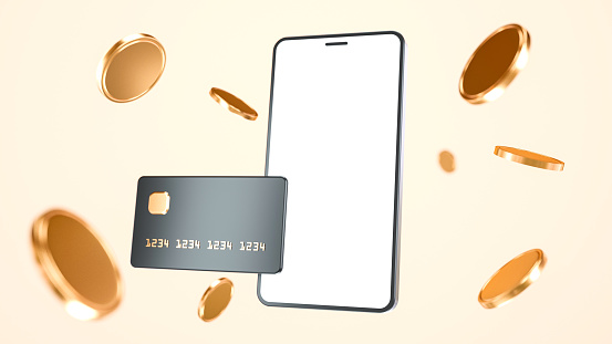 Maqueta de teléfono inteligente con tarjeta de crédito, compras en línea, devolución de dinero de la compra - Ilustración 3D photo