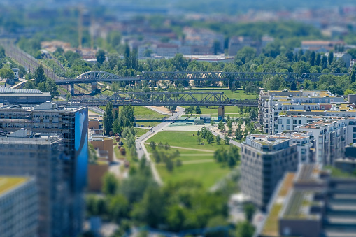 City aerial of Berlin around the Potsdamer Platz, with Gleisdreieck Park