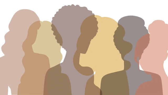 A variety of female silhouettes standing sideways. Strong and brave girls of different nationalities support each other. Concept of equality, international women's day, activism, feminism