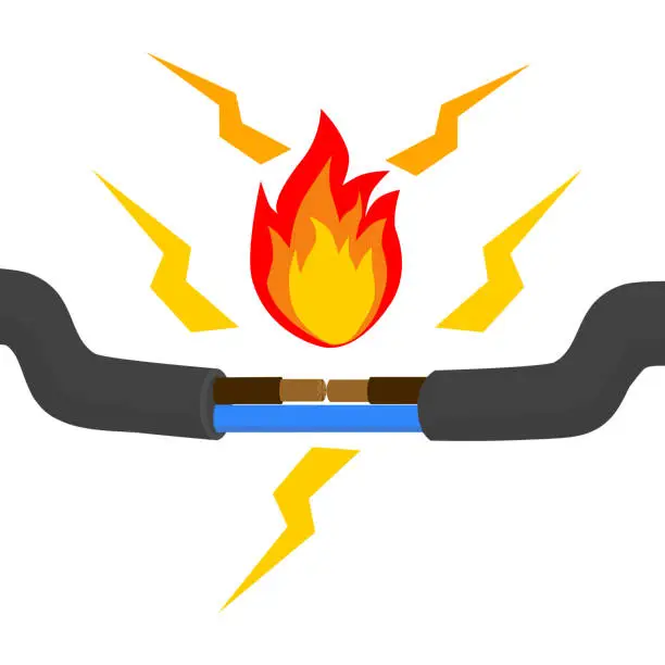 Vector illustration of Wire is burning. Fire wiring. Faulty damaged cable. Fire from overload. Electrical safety concept. Short circuit electrical circuit. Broken electrical connection.