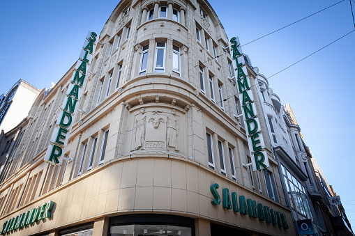 Picture of a sign with the logo of Salamander shoes taken on their main boutique for Dortmund, Germany. Salamander is a German fashion manufacturer and fashion retailer specialized in footwear, hand bags and accessories.