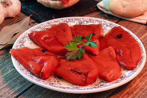 Piquillo peppers roasted in the oven, typical food from Navarra, Spain.