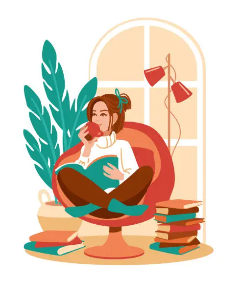 Vector illustration of The woman in the house rests and reads books and has a good time with herself.