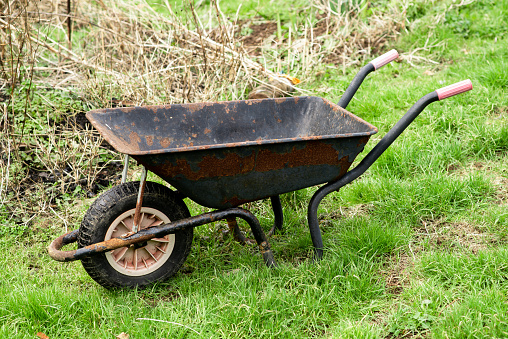 Old rusty garden cart on green grass. Spring garden work.