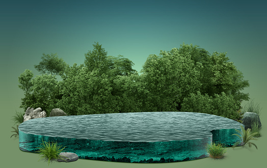 3d illustration of river pool with landscape isolated. Waterfall creative design isolated. isometric view of river. trees on background.